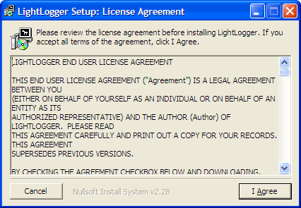 LightLogger Keylogger Licensavtal Dialog