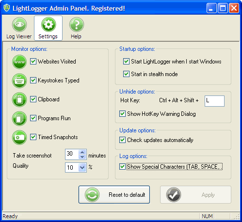 LightLogger Keylogger Inställningar Page