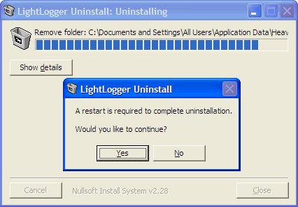 LightLogger Keylogger Avinstallera Bekräfta Dialog