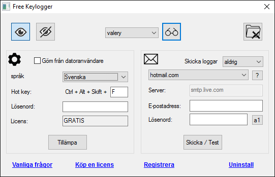 Gratis Keylogger Setting Page