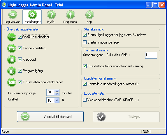 LightLogger Keylogger Användargränssnitt